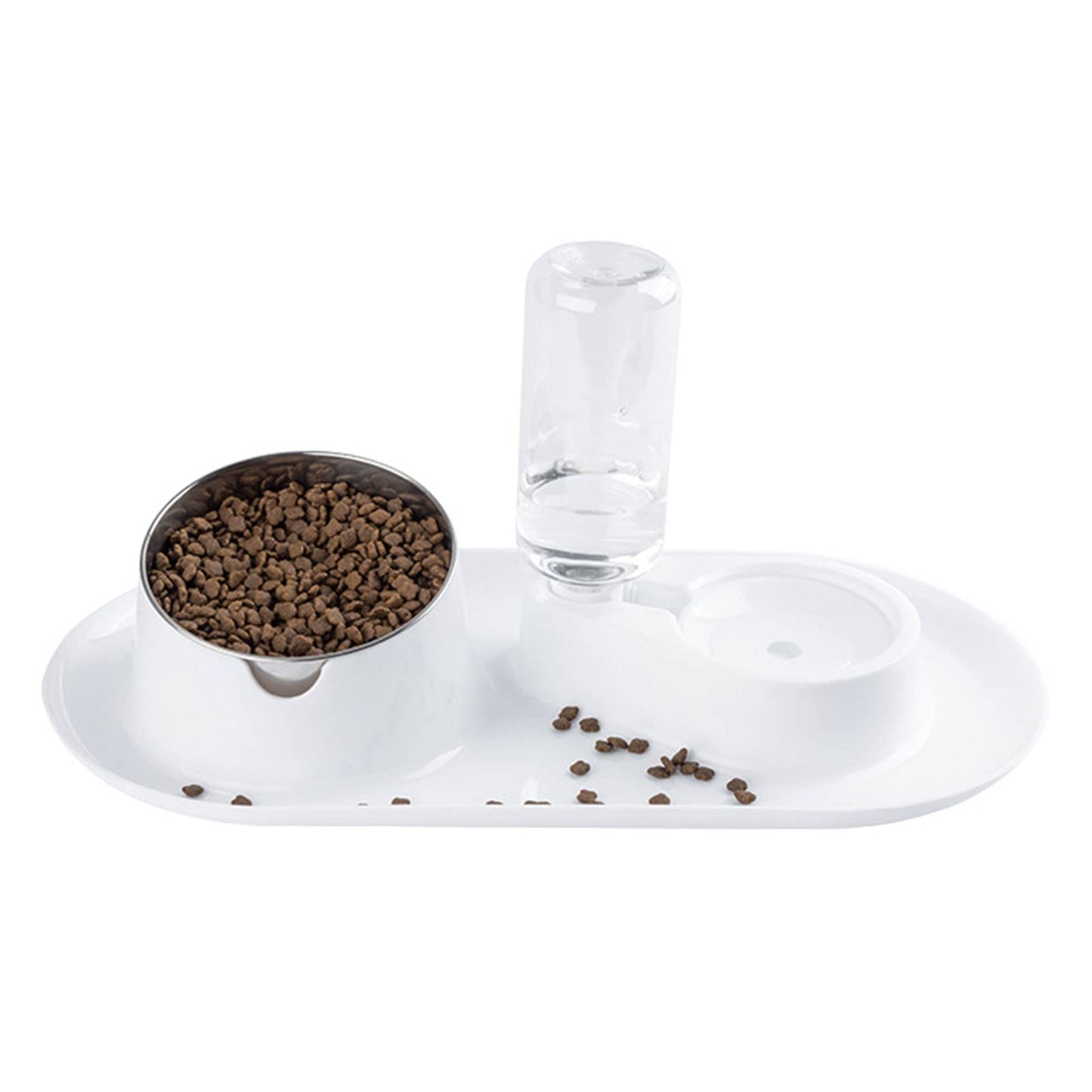 Double Dog Cat Bowls, Raised Pets Water and Food Bowl Set with Automatic Water Dispenser Bottle, 2 in 1 Detachable Cat Food Dispenser with Wet and Dry Food Bowl for Cats and Small Dogs Kitten(White)