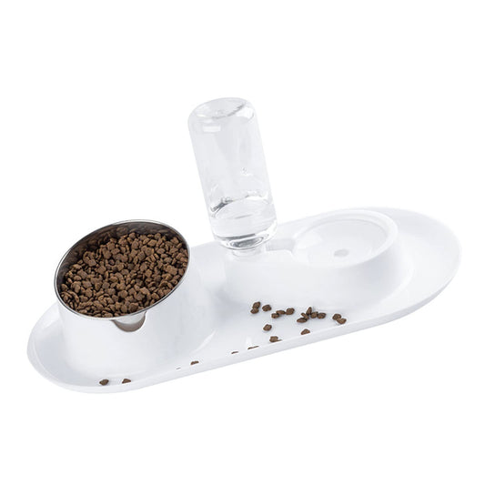 Double Dog Cat Bowls, Raised Pets Water and Food Bowl Set with Automatic Water Dispenser Bottle, 2 in 1 Detachable Cat Food Dispenser with Wet and Dry Food Bowl for Cats and Small Dogs Kitten(White)