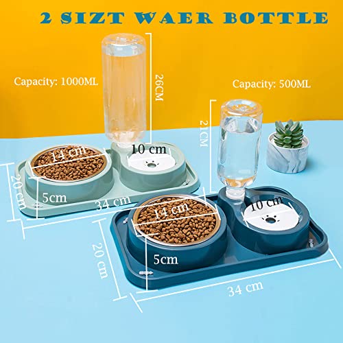 Double Dog Cat Bowls, Pet Water and Food Bowl Set with Automatic Water Dispenser Bottle Detachable Stainless Steel Bowl, Gravity Water Feeder Bowl No-Spill for Cats and Dogs Puppy Kitten Rabbit