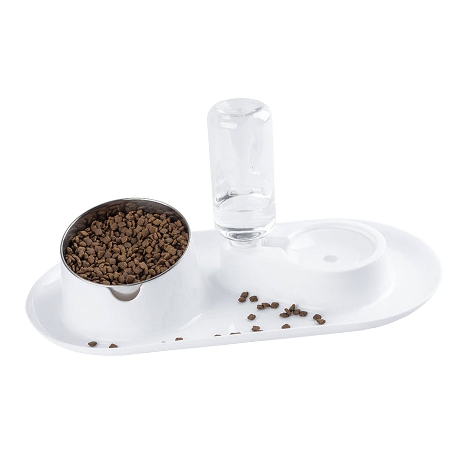 Double Dog Cat Bowls, Raised Pets Water and Food Bowl Set with Automatic Water Dispenser Bottle, 2 in 1 Detachable Cat Food Dispenser with Wet and Dry Food Bowl for Cats and Small Dogs Kitten(White)