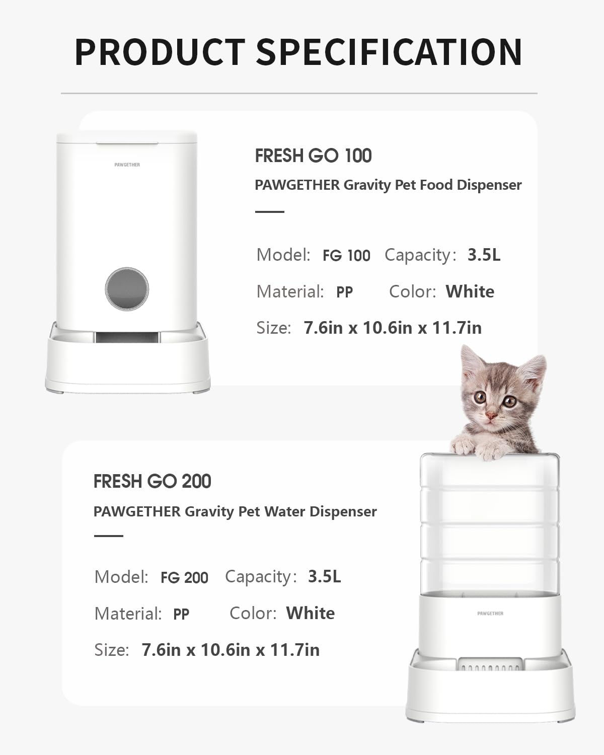PAWGETHER® 2 Pack Gravity Cat Feeder and Water Dispenser 1 Gallon/3.5L Automatic Cat and Dog Feeder and Watererer with Pet Food Bowl for Puppy Kitten Rabbits