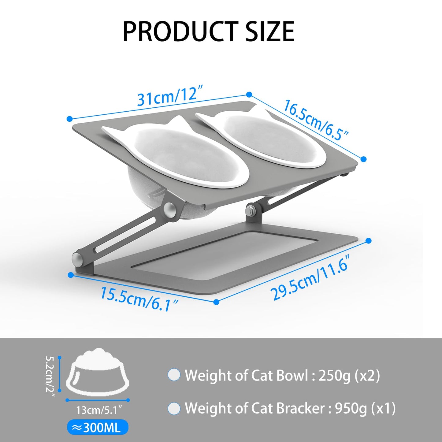 Pandaq Adjustable Cat Feeder,Elevated Cat Ceramic Bowls 15° Tilted Raised Cat Food Bowls with 2 Thickened Ceramic Bowls 300ML & A Sturdy Iron Stand for Cats