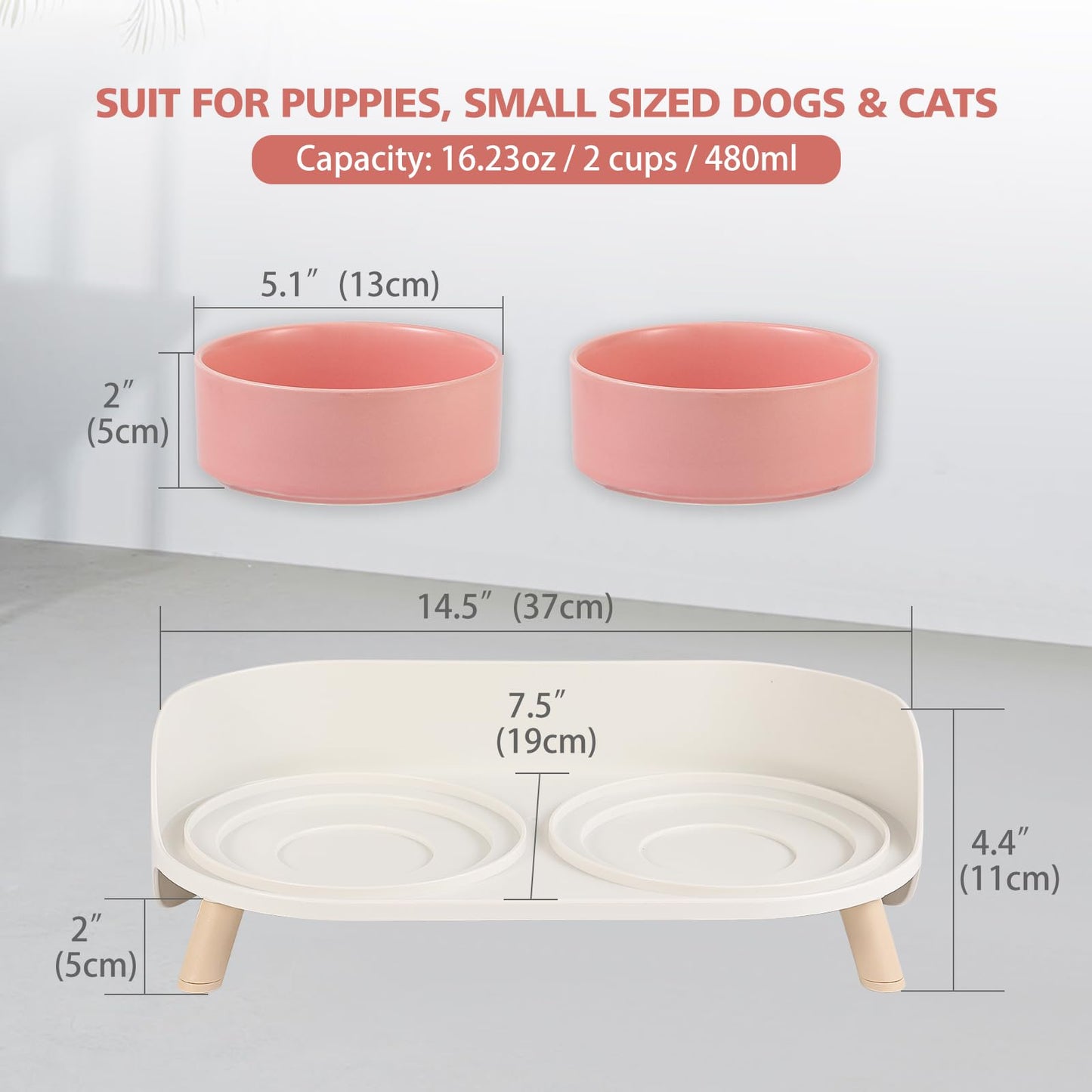 Cat Food Water Bowl Set - Raised Cat Bowls with Non Slip Stand - Elevated Puppy Bowls for Small Dogs - Double Ceramic Cat Feeding Bowls with Splash Proof Guard - Tall Cat Dishes