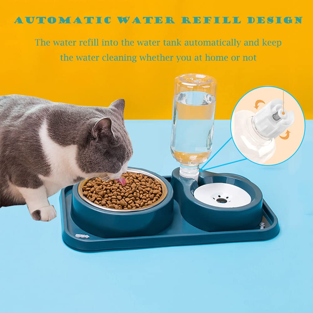 Double Dog Cat Bowls, Pet Water and Food Bowl Set with Automatic Water Dispenser Bottle Detachable Stainless Steel Bowl, Gravity Water Feeder Bowl No-Spill for Cats and Dogs Puppy Kitten Rabbit