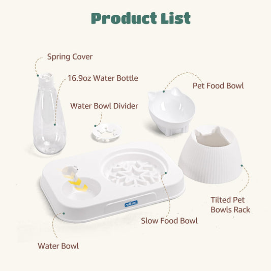 Nobleza 3-in-1 Slow Pet Feeder Bowl Bottle Set, Automatic Pet Dispenser Treat Food & Water Bowl with 15° No Spill Tilted Raised Bowl for Cat Dog Small Medium Pet Kitten Puppy Bunny Healthy Food Water