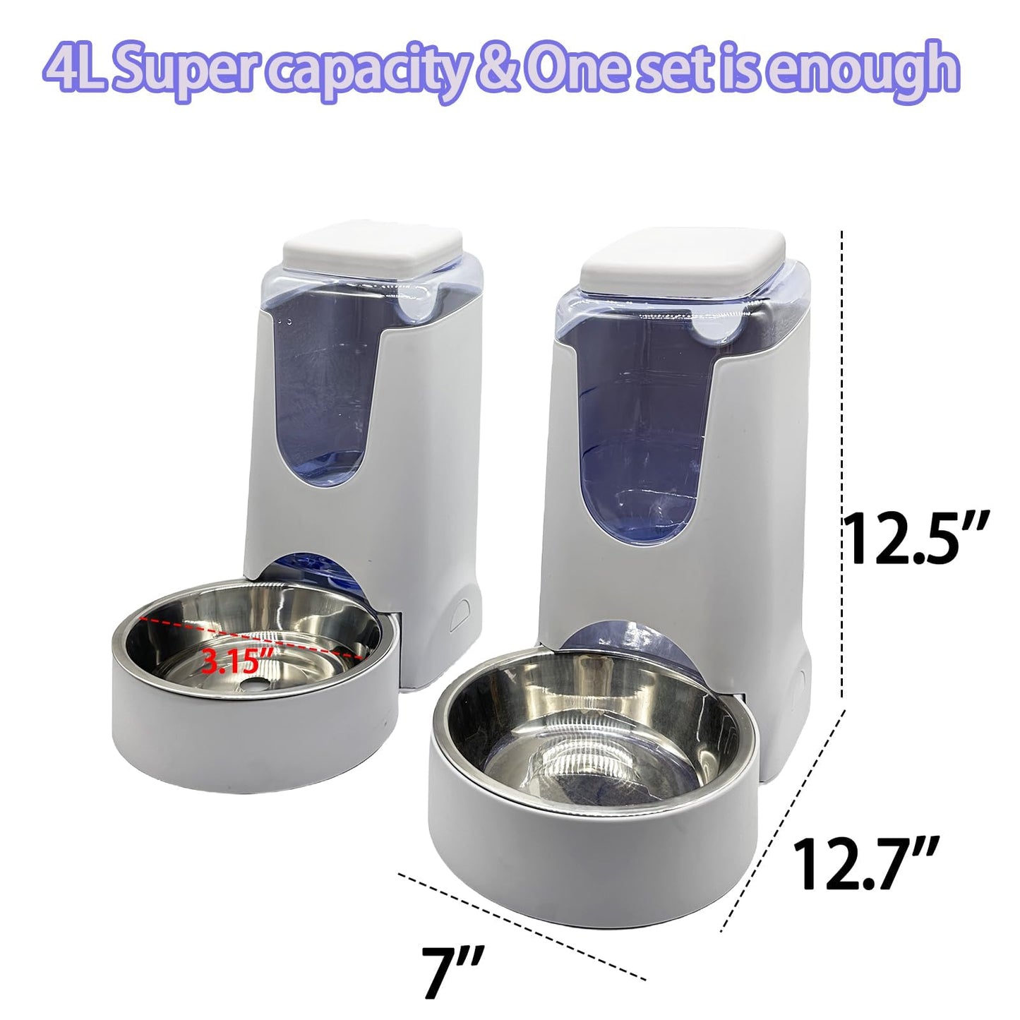 Pets Automatic Gravity Feeder Dogs 2.8L Food & 4L Water Dispenser Set with Stainless Steel Bowl for Small Medium Big Puppy Kitten(Light Gray)