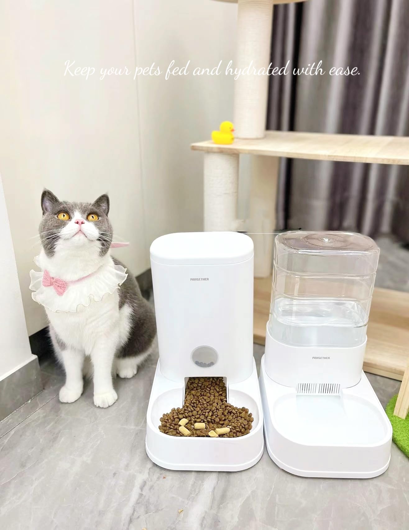 PAWGETHER® 2 Pack Gravity Cat Feeder and Water Dispenser 1 Gallon/3.5L Automatic Cat and Dog Feeder and Watererer with Pet Food Bowl for Puppy Kitten Rabbits
