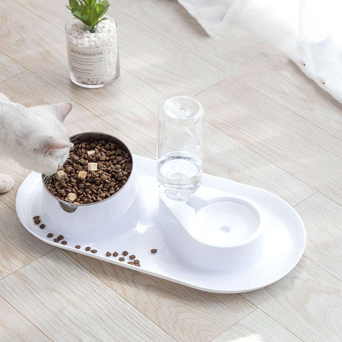 Double Dog Cat Bowls, Raised Pets Water and Food Bowl Set with Automatic Water Dispenser Bottle, 2 in 1 Detachable Cat Food Dispenser with Wet and Dry Food Bowl for Cats and Small Dogs Kitten(White)