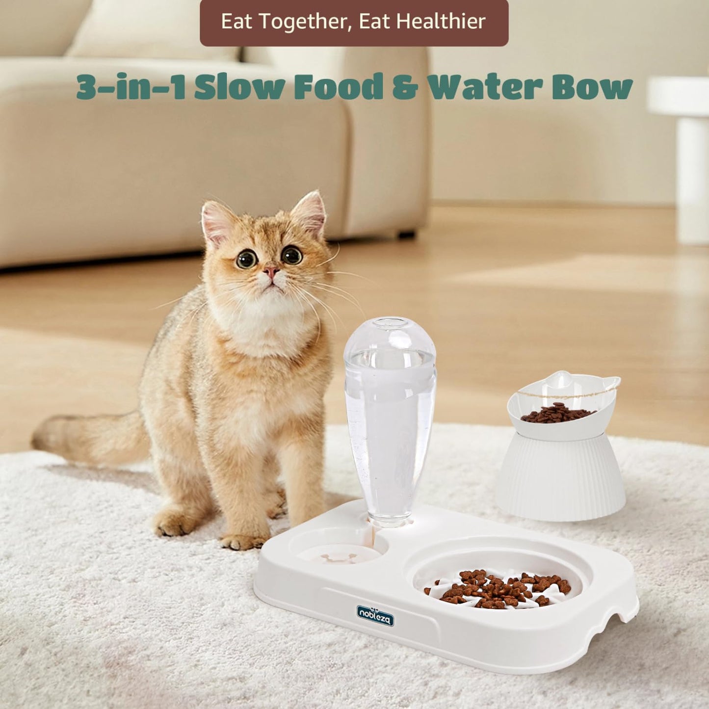 Nobleza 3-in-1 Slow Pet Feeder Bowl Bottle Set, Automatic Pet Dispenser Treat Food & Water Bowl with 15° No Spill Tilted Raised Bowl for Cat Dog Small Medium Pet Kitten Puppy Bunny Healthy Food Water