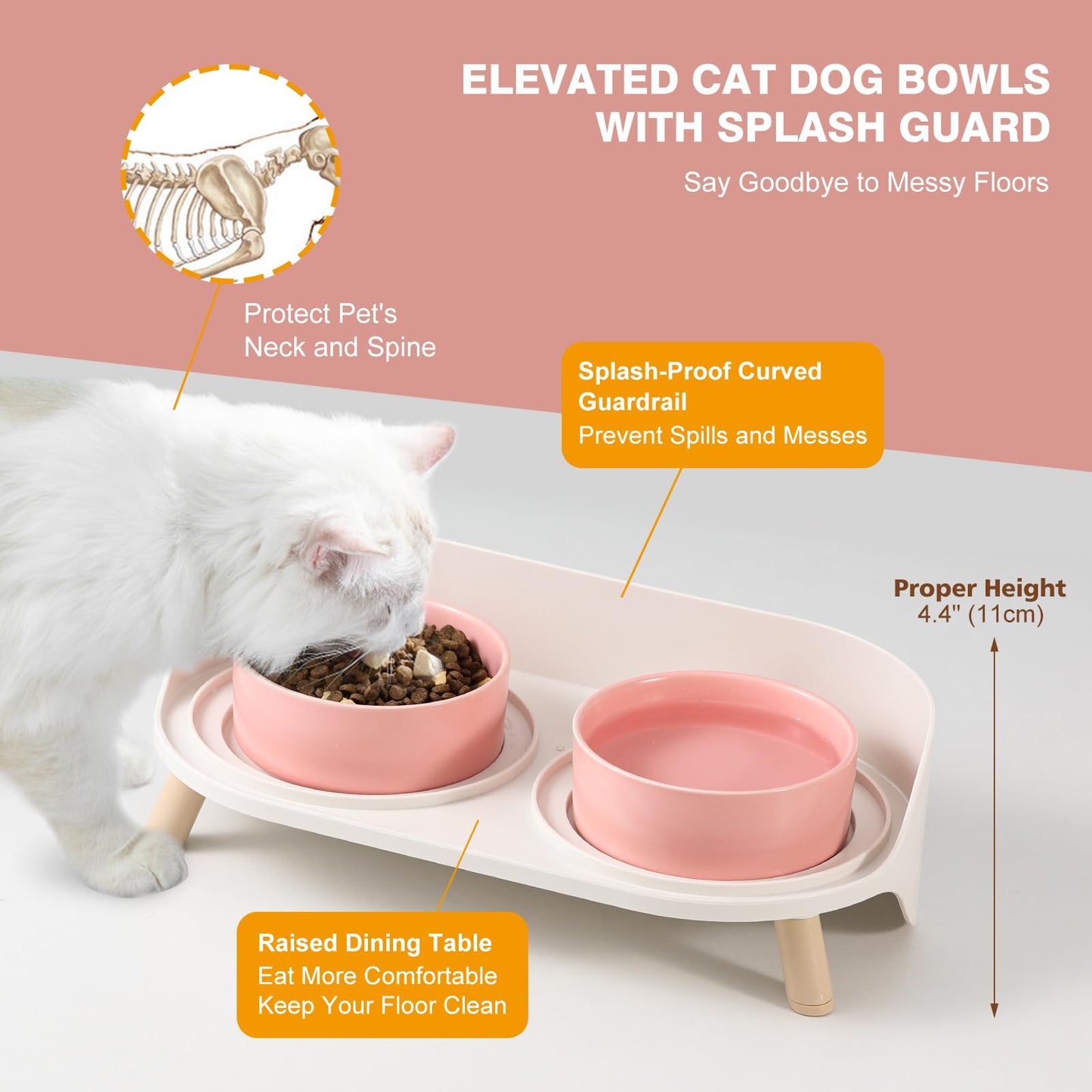 Cat Food Water Bowl Set - Raised Cat Bowls with Non Slip Stand - Elevated Puppy Bowls for Small Dogs - Double Ceramic Cat Feeding Bowls with Splash Proof Guard - Tall Cat Dishes