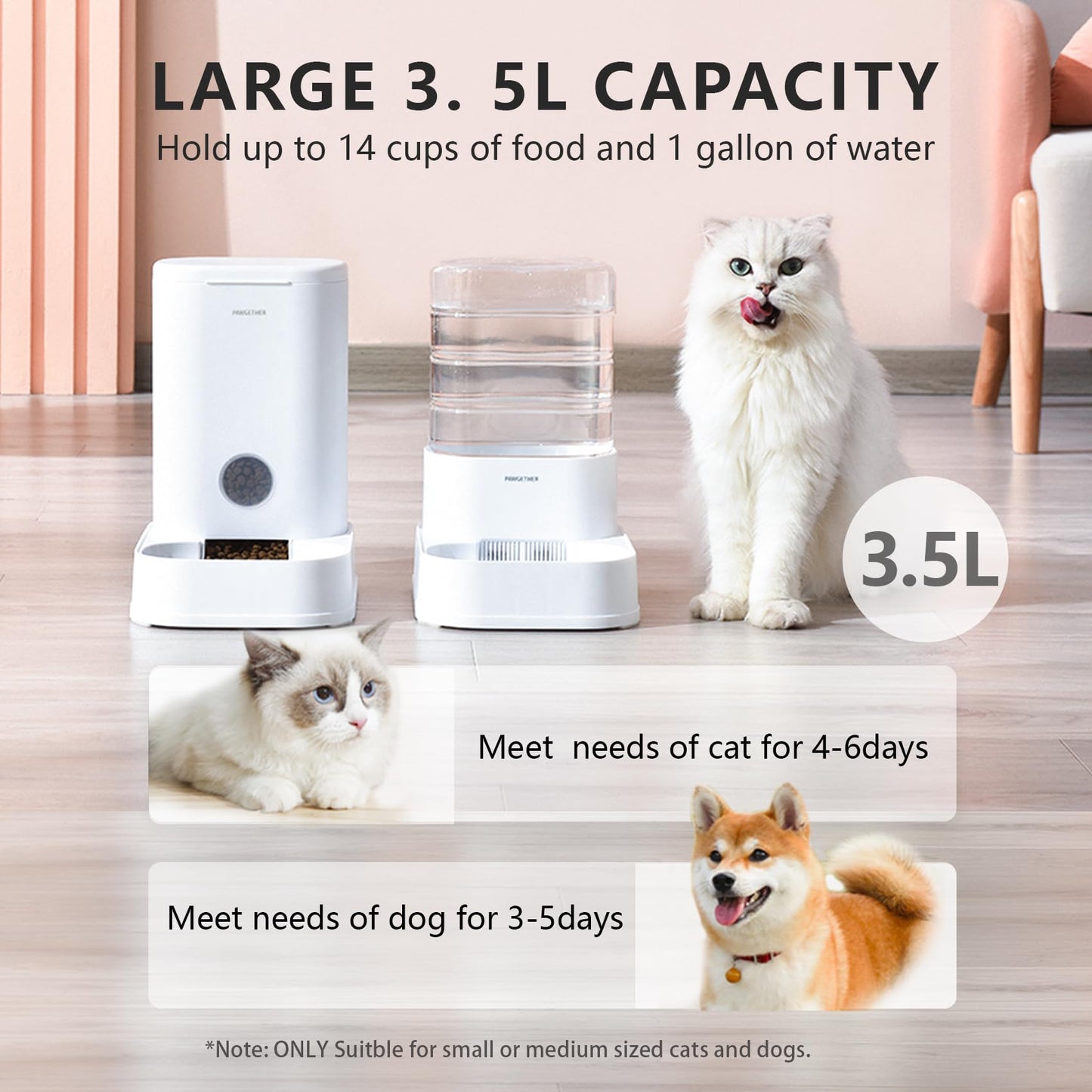 PAWGETHER® 2 Pack Gravity Cat Feeder and Water Dispenser 1 Gallon/3.5L Automatic Cat and Dog Feeder and Watererer with Pet Food Bowl for Puppy Kitten Rabbits