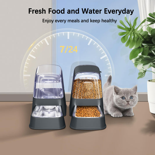 Hipidog Automatic Dog and Cat Food Feeder and Water Dispenser Set with Stainless Steel Bowls,Gravity Pet Food and Water Feeders,100% BPA-Free,Large Capacity for Cats Dogs Pets…(3.5L Dark Gray)