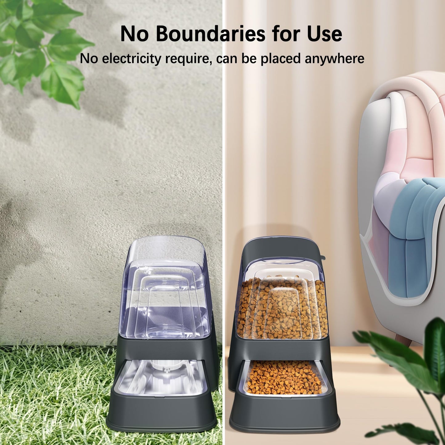 Hipidog Automatic Dog and Cat Food Feeder and Water Dispenser Set with Stainless Steel Bowls,Gravity Pet Food and Water Feeders,100% BPA-Free,Large Capacity for Cats Dogs Pets…(3.5L Dark Gray)