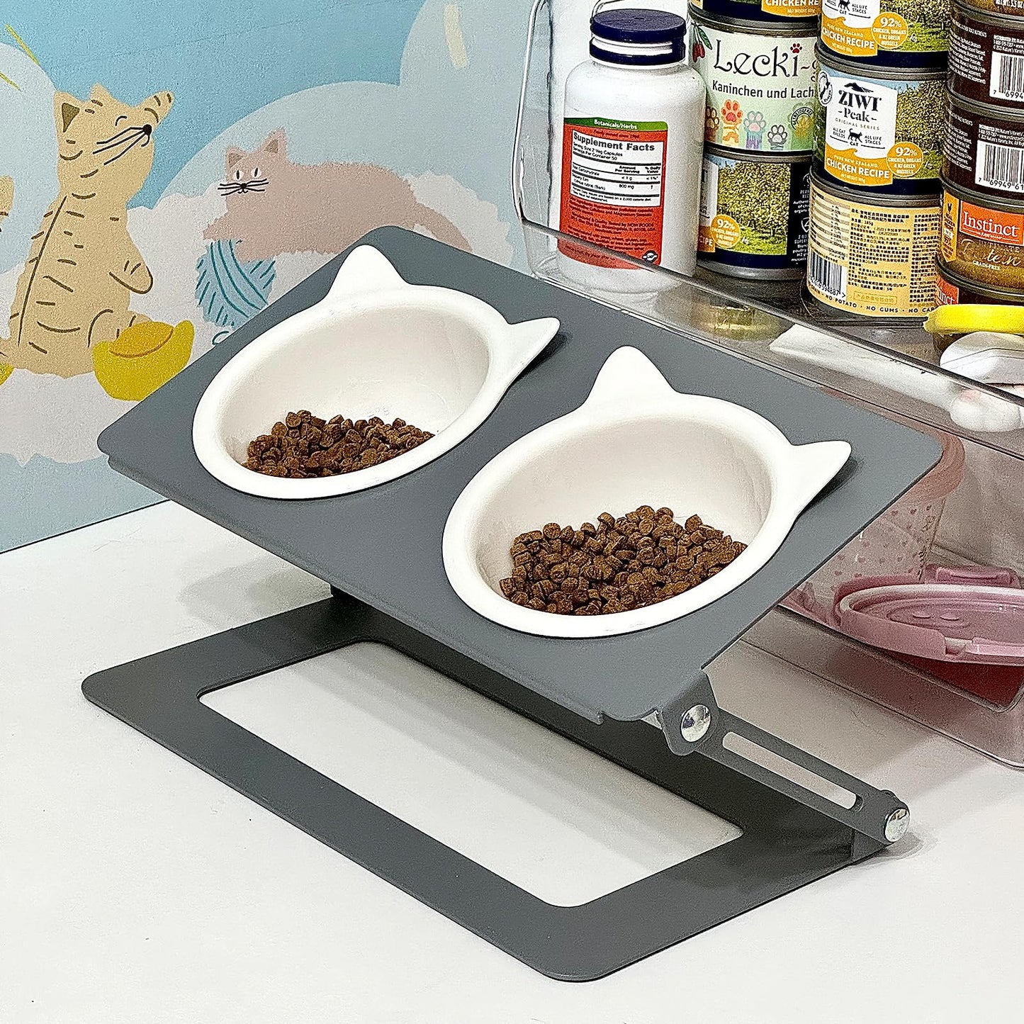 Pandaq Adjustable Cat Feeder,Elevated Cat Ceramic Bowls 15° Tilted Raised Cat Food Bowls with 2 Thickened Ceramic Bowls 300ML & A Sturdy Iron Stand for Cats