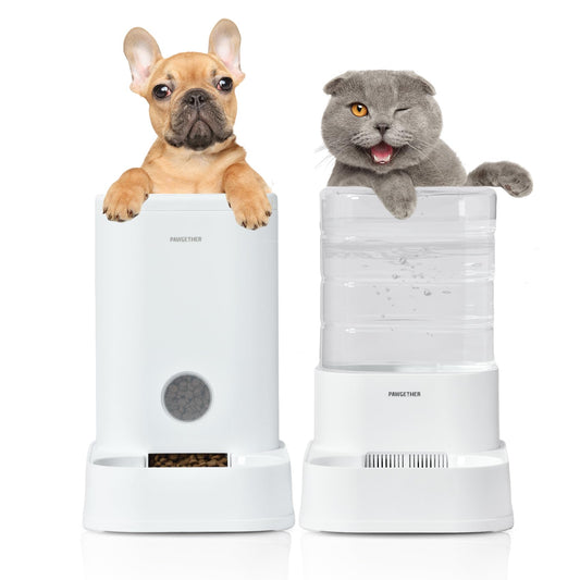 PAWGETHER® 2 Pack Gravity Cat Feeder and Water Dispenser 1 Gallon/3.5L Automatic Cat and Dog Feeder and Watererer with Pet Food Bowl for Puppy Kitten Rabbits