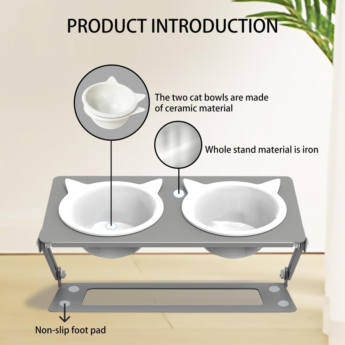 Pandaq Adjustable Cat Feeder,Elevated Cat Ceramic Bowls 15° Tilted Raised Cat Food Bowls with 2 Thickened Ceramic Bowls 300ML & A Sturdy Iron Stand for Cats