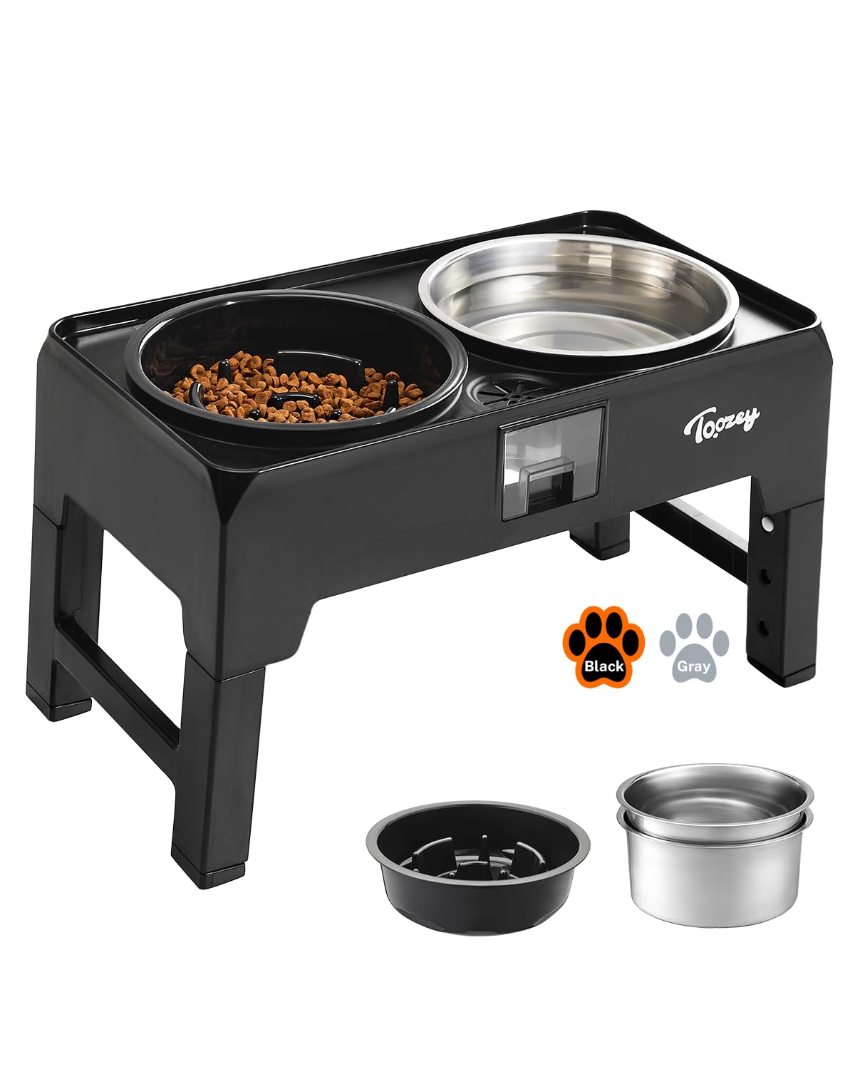 Toozey Elevated Dog Bowls, 2 Large 68oz Stainless Steel & 1 Slow Feeder Raised Bowls, 4 Height Adjustable Water and Food Bowl with Stand, Water Collection & Spill-Proof for Large Medium Small, Black
