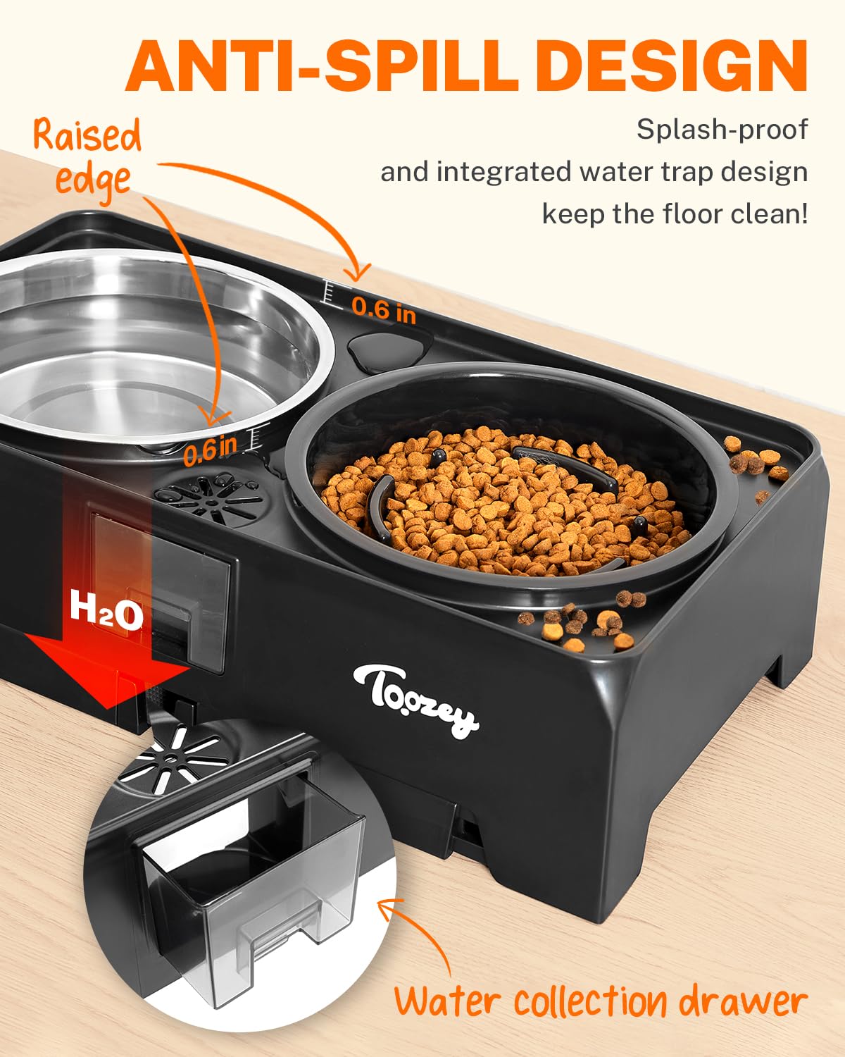 Toozey Elevated Dog Bowls, 2 Large 68oz Stainless Steel & 1 Slow Feeder Raised Bowls, 4 Height Adjustable Water and Food Bowl with Stand, Water Collection & Spill-Proof for Large Medium Small, Black