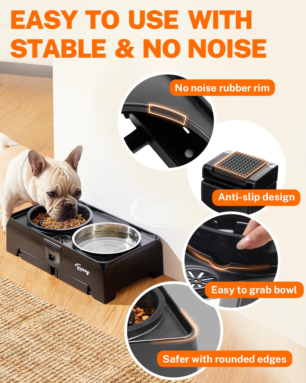 Toozey Elevated Dog Bowls, 2 Large 68oz Stainless Steel & 1 Slow Feeder Raised Bowls, 4 Height Adjustable Water and Food Bowl with Stand, Water Collection & Spill-Proof for Large Medium Small, Black