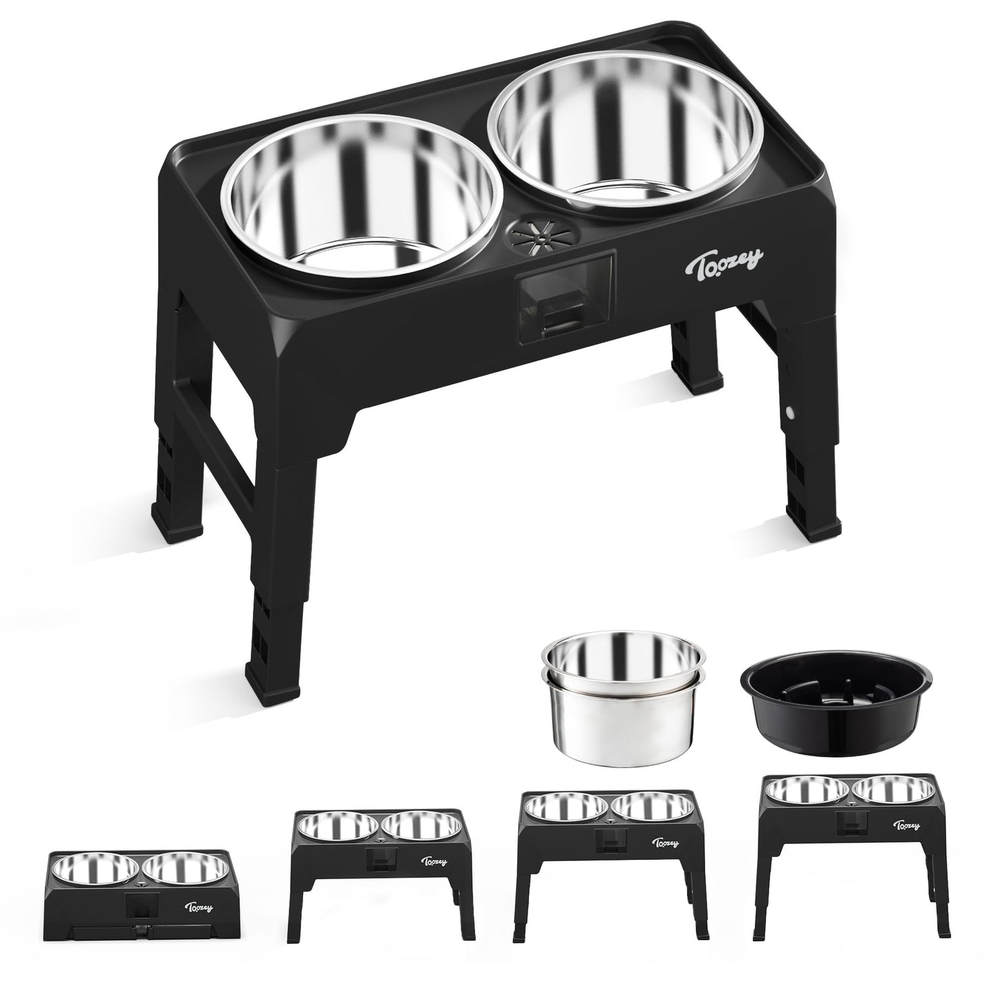 Toozey Elevated Dog Bowls, 2 Large 68oz Stainless Steel & 1 Slow Feeder Raised Bowls, 4 Height Adjustable Water and Food Bowl with Stand, Water Collection & Spill-Proof for Large Medium Small, Black