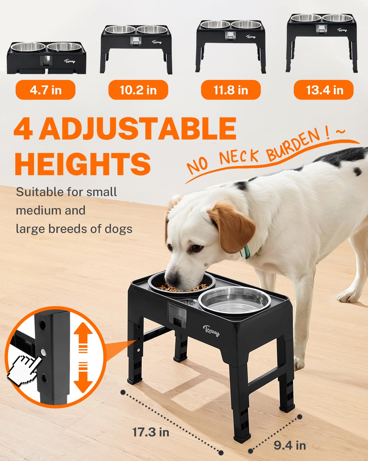 Toozey Elevated Dog Bowls, 2 Large 68oz Stainless Steel & 1 Slow Feeder Raised Bowls, 4 Height Adjustable Water and Food Bowl with Stand, Water Collection & Spill-Proof for Large Medium Small, Black