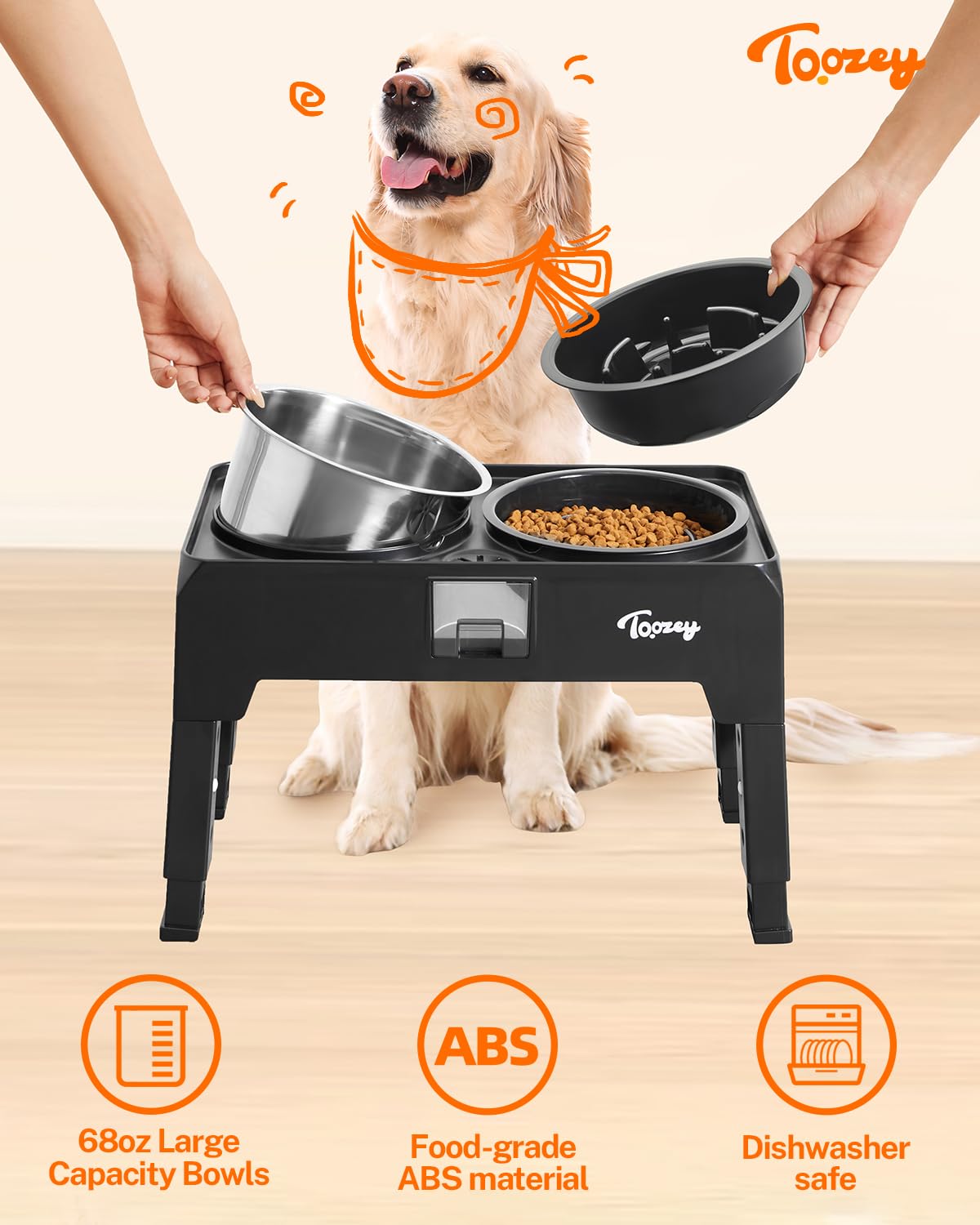 Toozey Elevated Dog Bowls, 2 Large 68oz Stainless Steel & 1 Slow Feeder Raised Bowls, 4 Height Adjustable Water and Food Bowl with Stand, Water Collection & Spill-Proof for Large Medium Small, Black