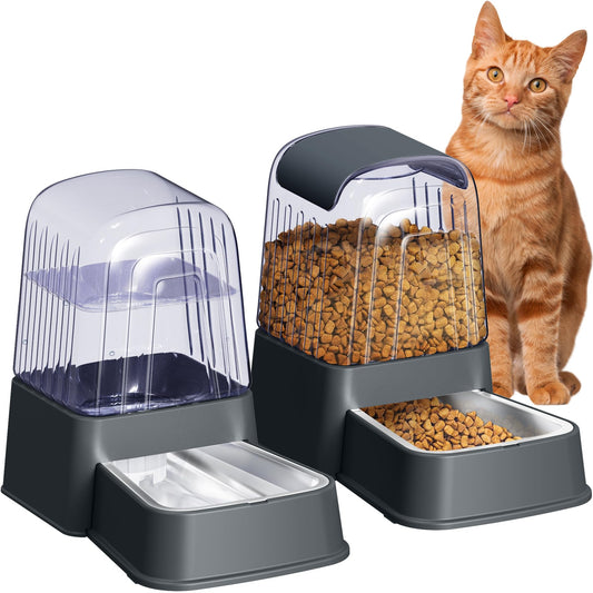 Hipidog Automatic Dog and Cat Food Feeder and Water Dispenser Set with Stainless Steel Bowls,Gravity Pet Food and Water Feeders,100% BPA-Free,Large Capacity for Cats Dogs Pets…(3.5L Dark Gray)